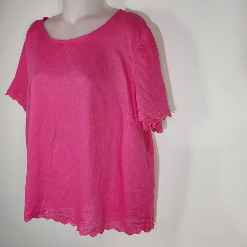 J Crew Womens Top Size 14 Linen Short Sleeve Tulip Back Scalloped Eyelet Pink